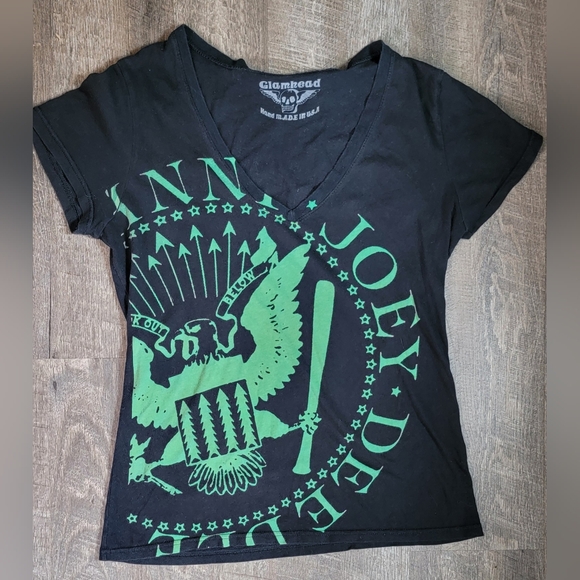 Y2K Glamhead Babydoll Tee Womens XL Black Green Graphic Ramones Print 100% Cotto - Picture 5 of 9